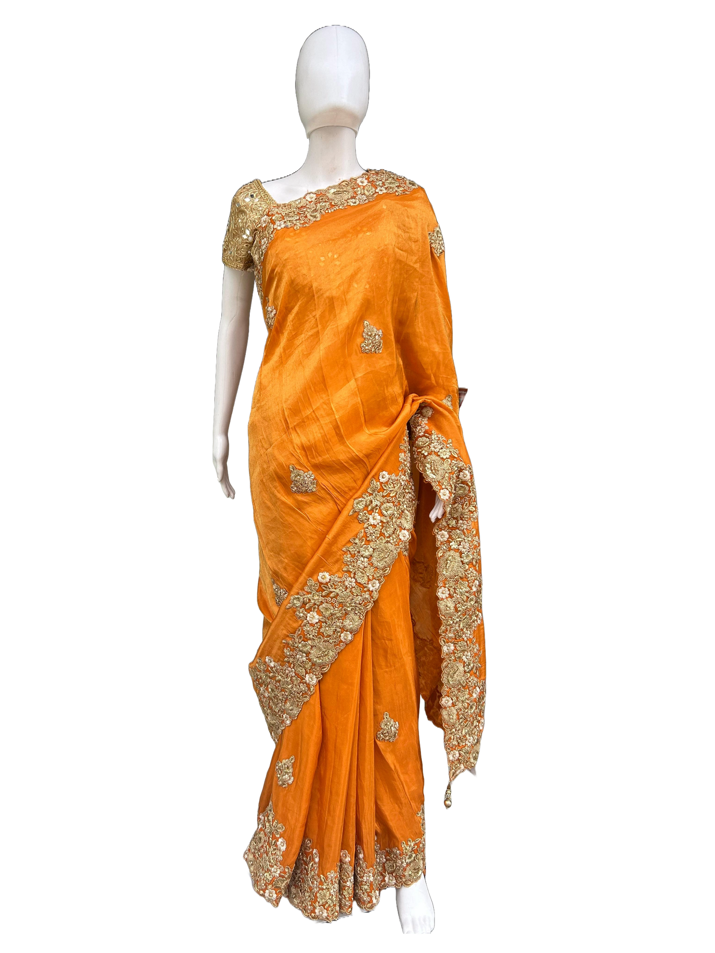 Zari work Viscose Carrot Orange Embroidered Saree