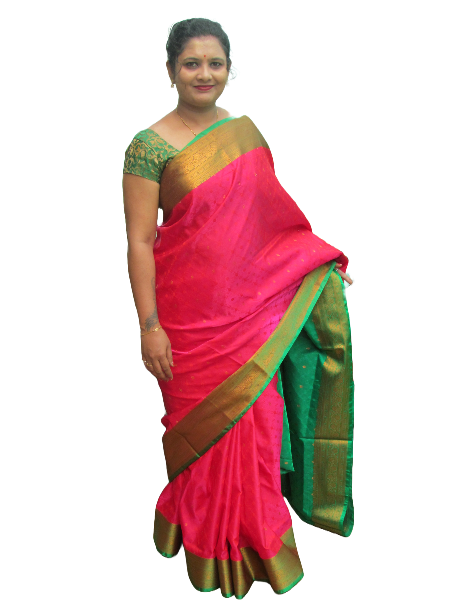 Red & Green broad bordered Silk Saree