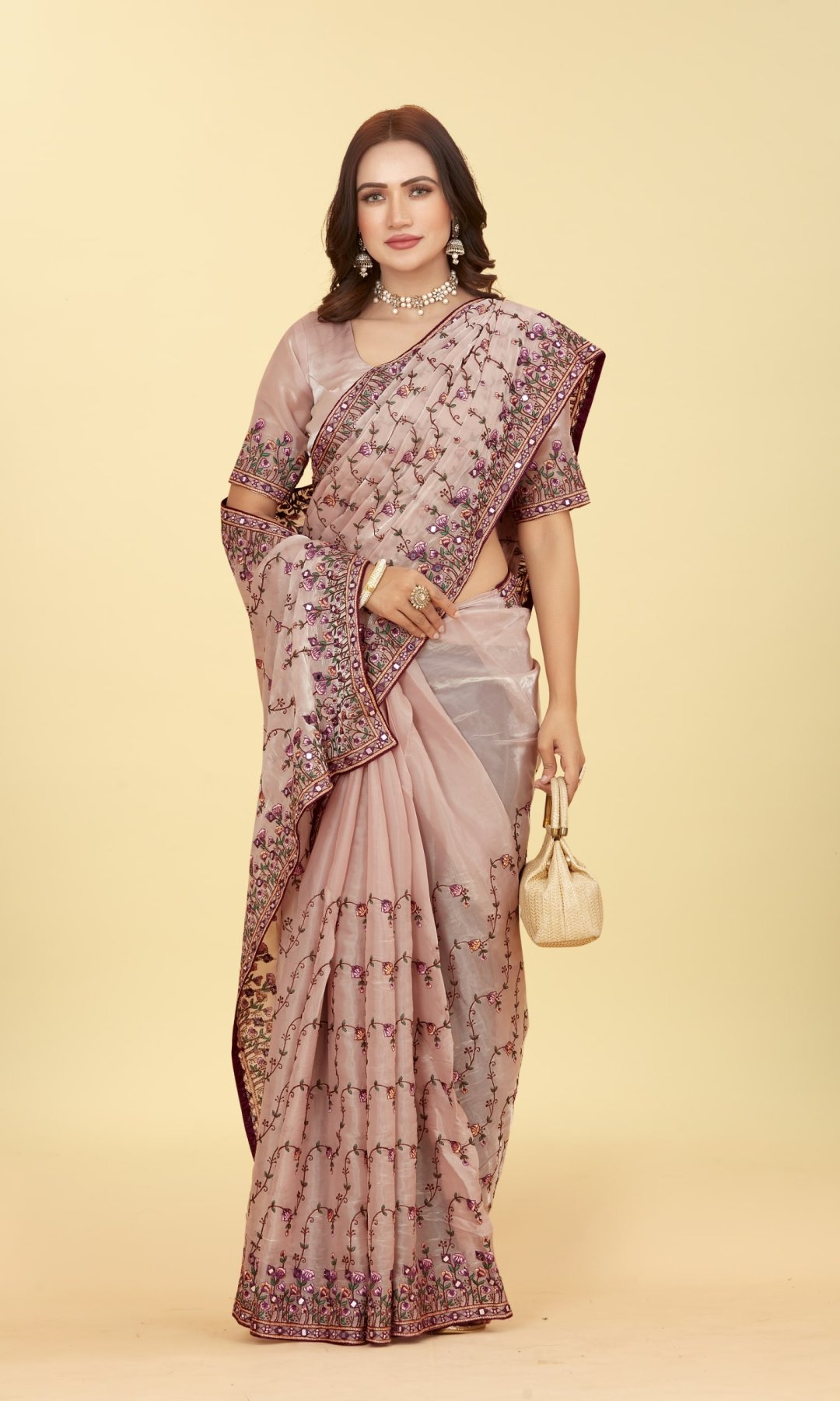 Pretty Women's premium Embroidery pure mirror worked Organza Saree