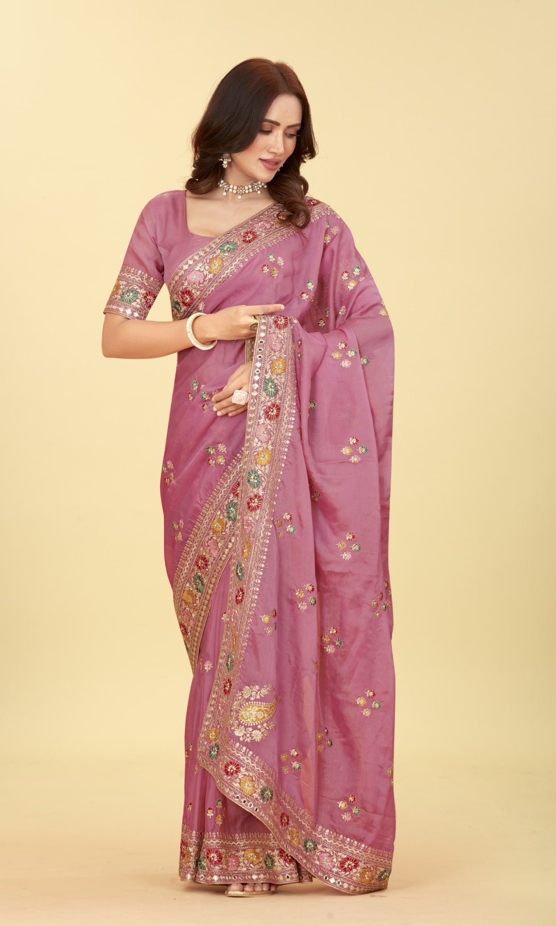 Premium Jari and Pure Mirror worked Organza Saree