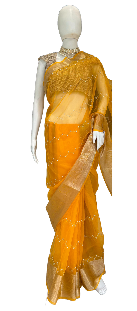 Yellow Organza Saree with Golden embroidery