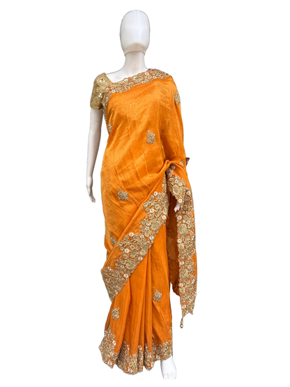 Zari work Viscose Carrot Orange Embroidered Saree