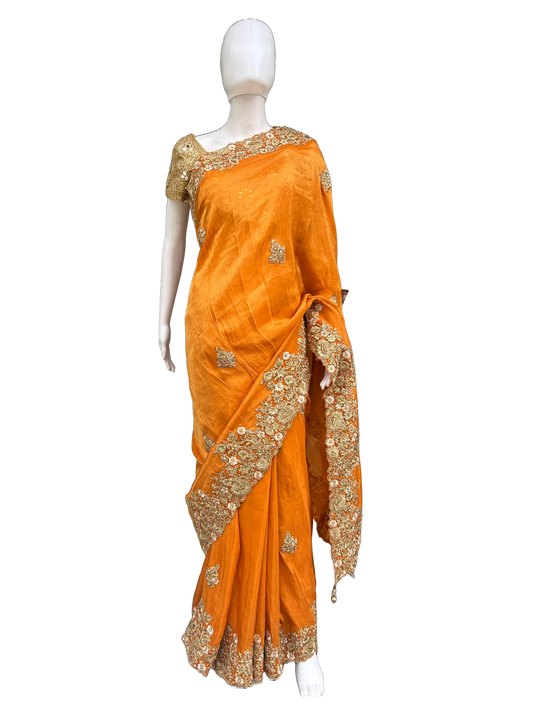 Zari work Viscose Carrot Orange Embroidered Saree