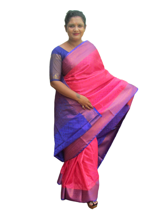 Pink & Navy Blue broad bordered Silk Saree