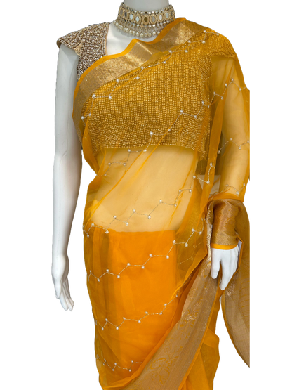 Yellow Organza Saree with Golden embroidery
