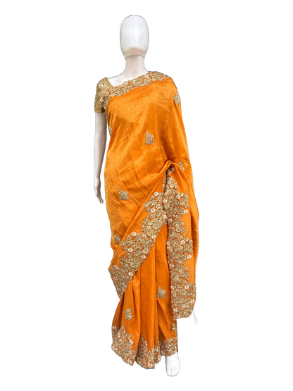 Zari work Viscose Carrot Orange Embroidered Saree