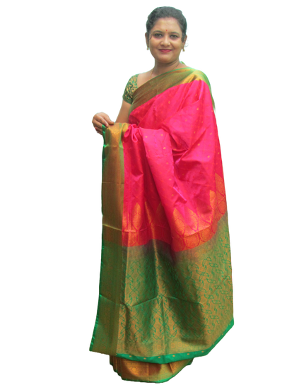 Red & Green broad bordered Silk Saree