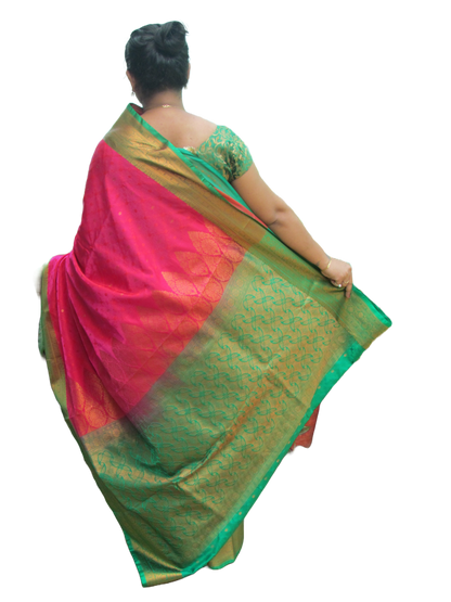 Red & Green broad bordered Silk Saree