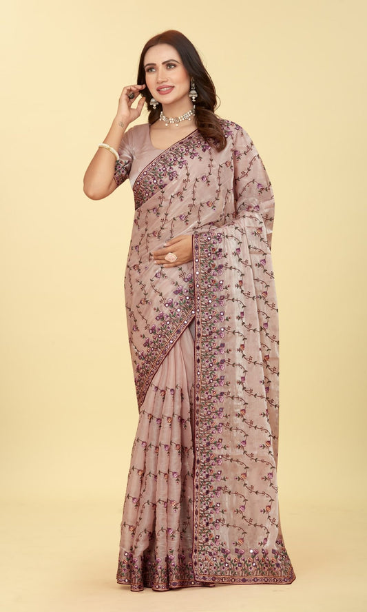Pretty Women's premium Embroidery pure mirror worked Organza Saree