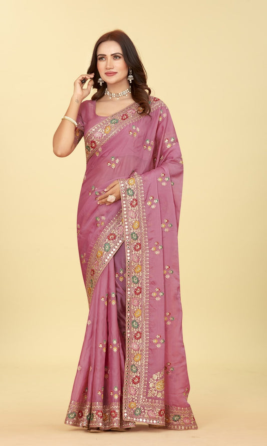 Premium Jari and Pure Mirror worked Organza Saree