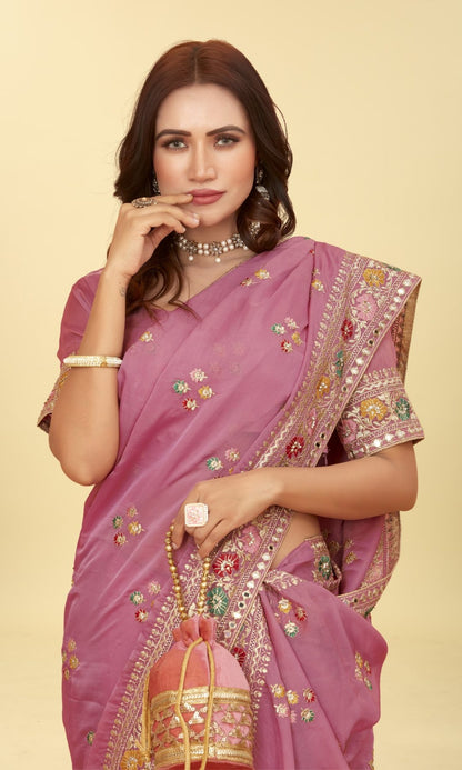 Premium Jari and Pure Mirror worked Organza Saree
