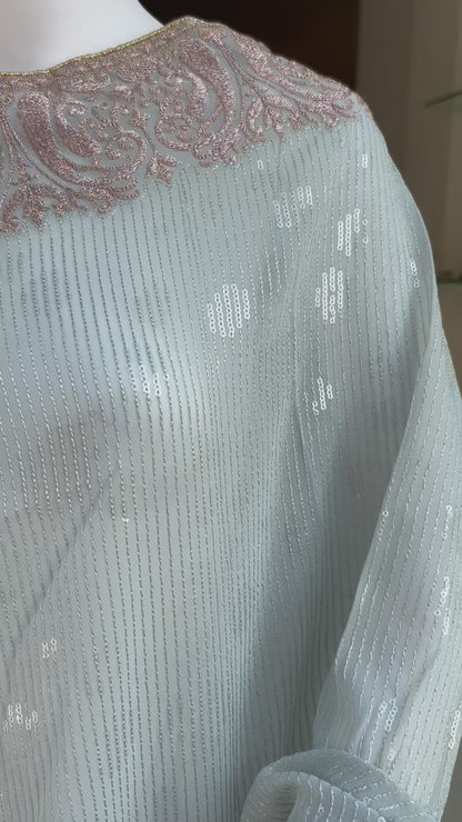 Premium Ash gray Simmer Saree with beautiful embroidery