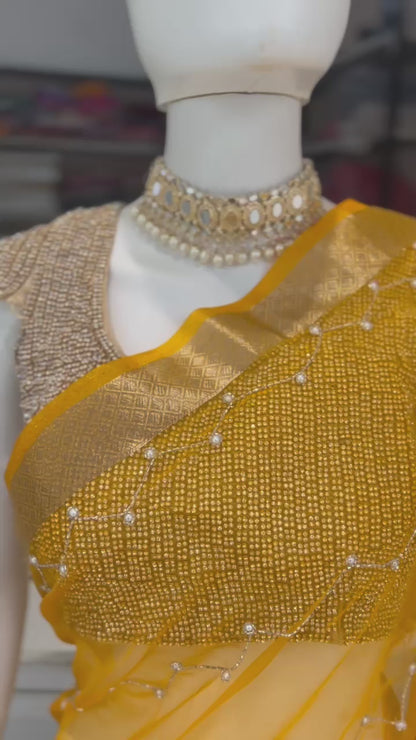 Yellow Organza Saree with Golden embroidery