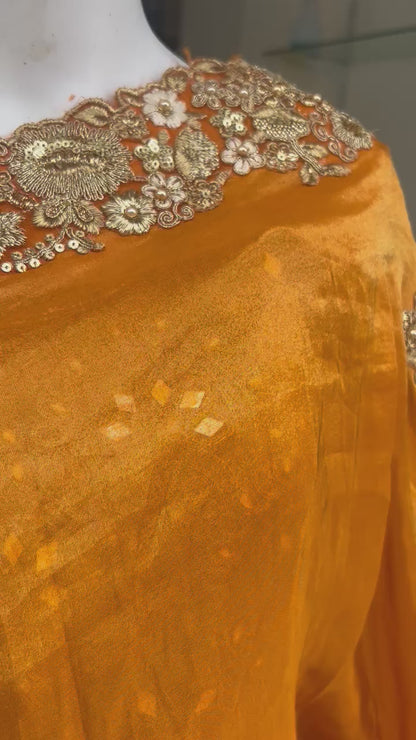 Zari work Viscose Carrot Orange Embroidered Saree